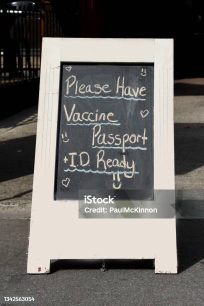 Sign Requiring Proof Of Full Vaccination Plus Id In Order To Dine Inside Stock Photo - Download Image Now