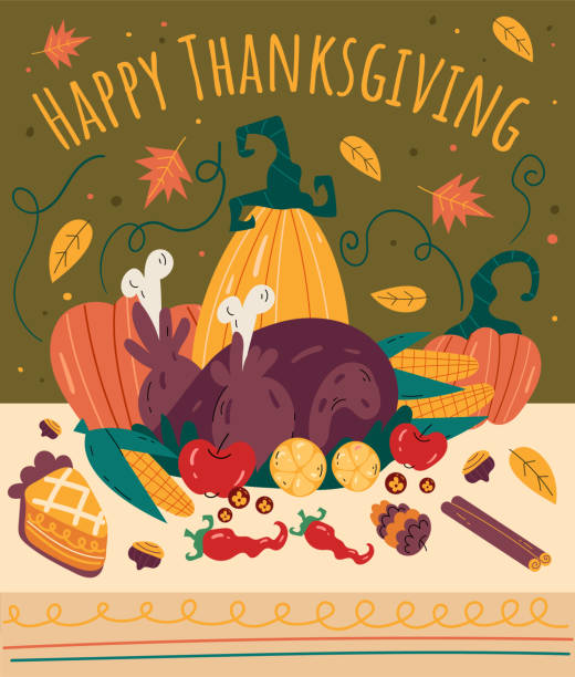 thanksgiving abendessen handgezeichnet doodle banner poster flyer flache cartoon illustration - thanksgiving dinner plate food stock-grafiken, -clipart, -cartoons und -symbole