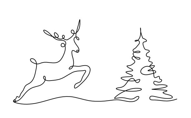 ilustrações de stock, clip art, desenhos animados e ícones de silhouette of abstract deer and christmas tree as line drawing on white - detent