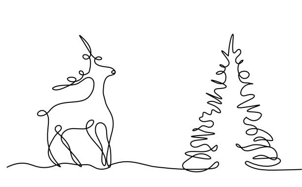 ilustrações de stock, clip art, desenhos animados e ícones de silhouette of abstract deer and christmas tree as line drawing on white - detent