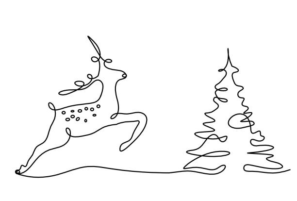 ilustrações de stock, clip art, desenhos animados e ícones de silhouette of abstract deer and christmas tree as line drawing on white - detent