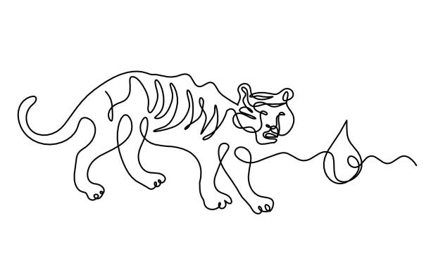 istock Silhouette of abstract tiger with element of water (feng shui) as line drawing on white 1342579639