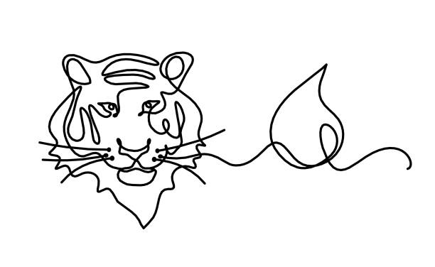 ilustrações de stock, clip art, desenhos animados e ícones de silhouette of abstract tiger with element of water (feng shui) as line drawing on white - detent