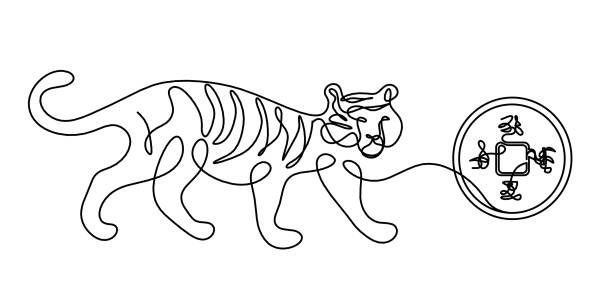 ilustrações de stock, clip art, desenhos animados e ícones de silhouette of abstract tiger with chinese coin and abstract hieroglyphs as line drawing on white - detent