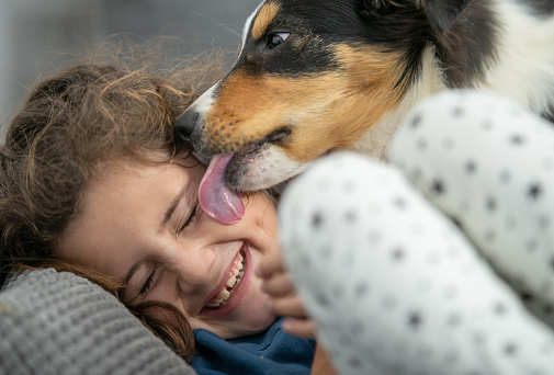 A sweet curly haired girl lays out on a sofa as her dog nudges in to lick her face.  The girl is dressed casually in a blue shirt and giggling as she lets the dog lick her.