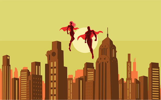 A retro style vector illustration of a couple superheroes floating in the sky with city skyline in the background. Wide space available for your copy.