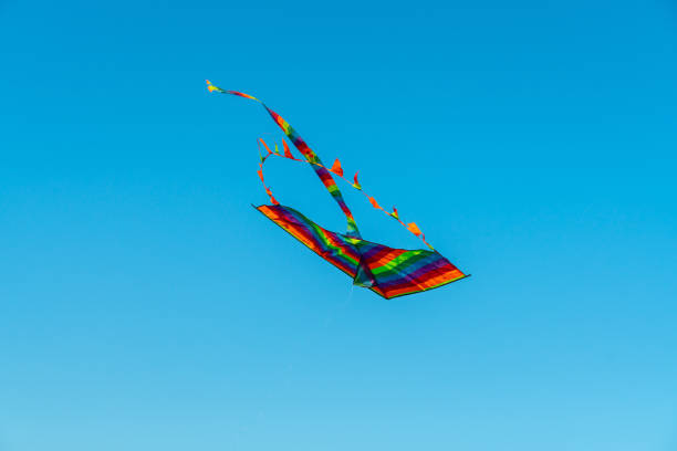 istock Rainbow colored kite in the clear blue skies. Selective focus. 1342586082