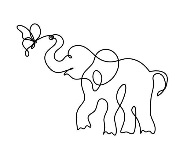 ilustrações de stock, clip art, desenhos animados e ícones de silhouette of abstract elephant with butterfly as line drawing on white - detent