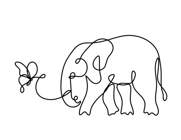 ilustrações de stock, clip art, desenhos animados e ícones de silhouette of abstract elephant with butterfly as line drawing on white - detent