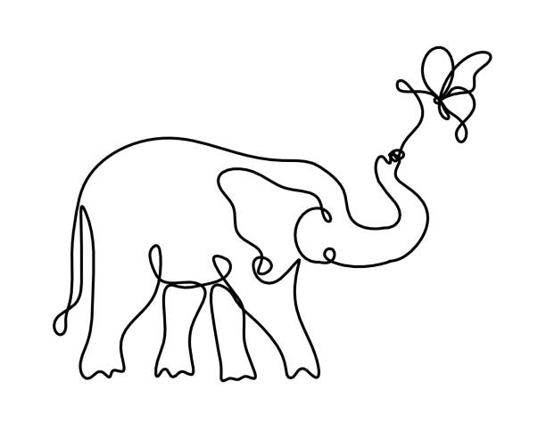 istock Silhouette of abstract elephant with butterfly as line drawing on white 1342588391