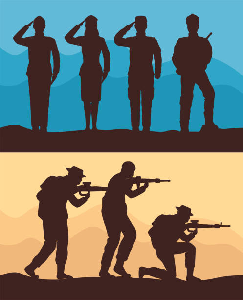 sieben silhouetten von militärtrupps - militärischer beruf stock-grafiken, -clipart, -cartoons und -symbole