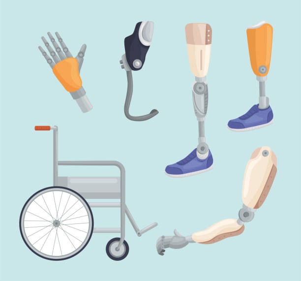 illustrazioni stock, clip art, cartoni animati e icone di tendenza di cinque icone di impianti protesici - prosthetic equipment illustrations