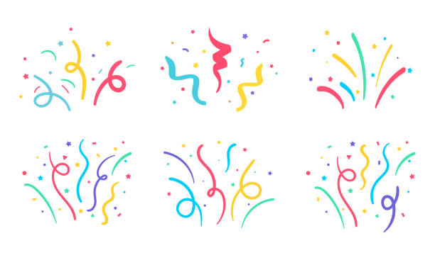 ilustrações, clipart, desenhos animados e ícones de vetor confetti. rolos coloridos de papel confete flutuando a partir dos fogos de artifício festa de aniversário - confete