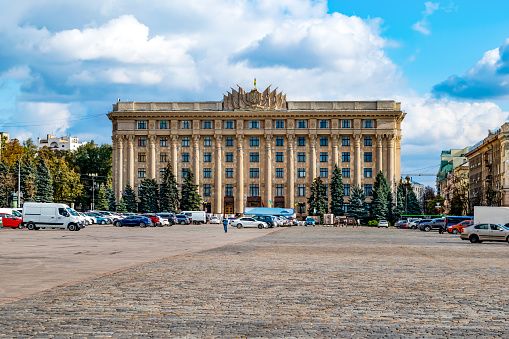 View of the Kharkiv City Council building from Freedom Square (Ukraine). State administrative building in the old style in the city center