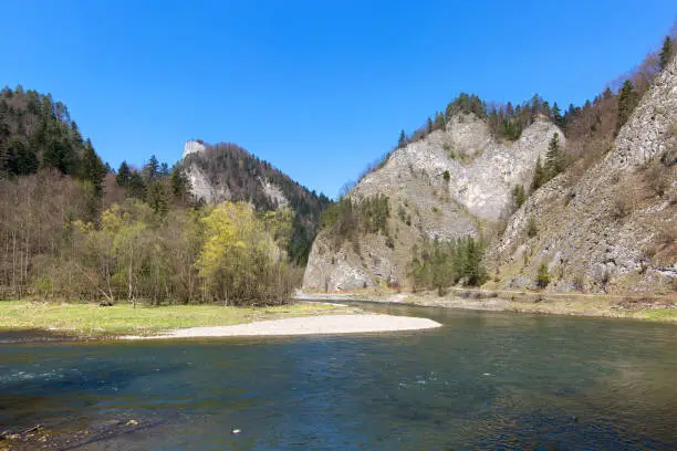 Dunajec River Gorge, view of the river and peaks of the Pieniny Mountains, springtime, Szczawnica, Poland