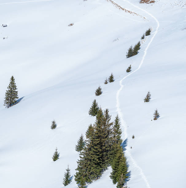Winter landscape in the mountains with a footpath made through the fresh snow