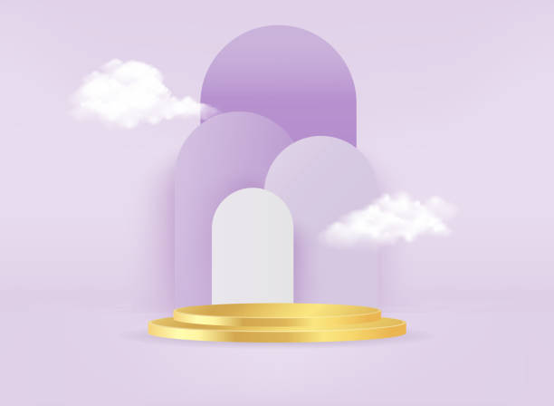 istock Minimal scene with gold podium and cloud abstract purple background Scene Studio Or Pedestal For Display, Geometric shapes, shape product display presentation. 3D,Vector 1342604322