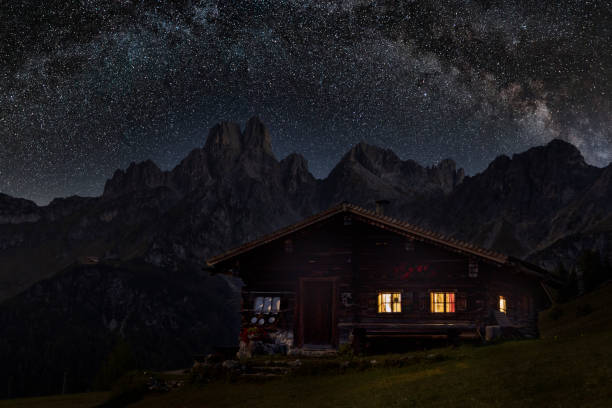 handmade old wooden miniature mountain house by the lake. shallow DOF