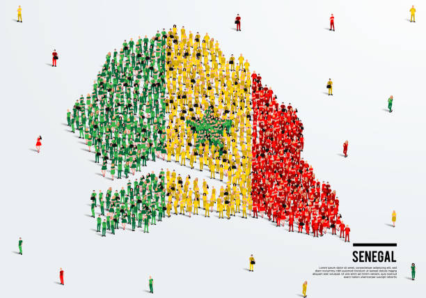 ilustrações, clipart, desenhos animados e ícones de mapa e bandeira do senegal. um grande grupo de pessoas na cor da bandeira do senegal se forma para criar o mapa. ilustração vetorial. - senegal dakar region africa map