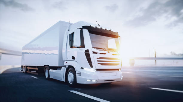 istock White delivery truck on highway. Very fast driving. Delivery concept. 3d rendering. 1342606894