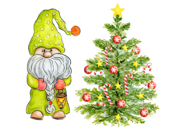 illustrations, cliparts, dessins animés et icônes de aquarelle gnome mignon avec arbre de noël. petit gnome au drôle de chapeau avec lampe de poche. - gnome troll wizard dwarf