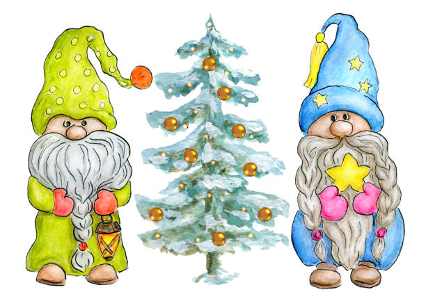 illustrations, cliparts, dessins animés et icônes de deux gnomes mignons à l’aquarelle du sapin de noël. petits gnomes en drôles de chapeaux avec étoile de noël et lampe de poche. - gnome troll wizard dwarf
