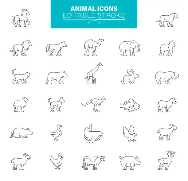 Vector illustration of Animal Icons Editable Stroke. Contains such icons Dog, Cat, Bear, Mouse, Sheep, Fox, Rabbit, Giraffe, Elephant