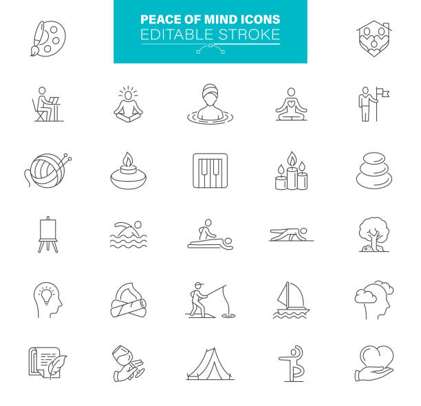 Peace of Mind Icons Editable Stroke. Contains such icons Motivation, Healthy Lifestyle, Yoga, Relaxation Yoga, Meditation and love Line Icons. Editable Stroke yoga stock illustrations