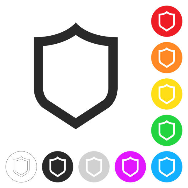Shield. Flat icons on buttons in different colors Icon of "Shield" isolated on white background. Includes 9 buttons with a flat design style for your design, in different colors (red, orange, yellow, green, blue, purple, gray, black, white, line art), each icon is separated on its own layer. Vector Illustration (EPS10, well layered and grouped). Easy to edit, manipulate, resize or colorize. Vector and Jpeg file of different sizes. black family crest stock illustrations