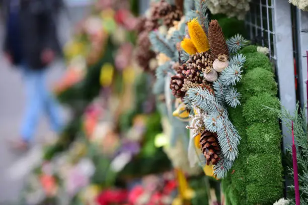 Flower bouquets with cones for sale at the Vienna Central Cemetery; Austria; Europe