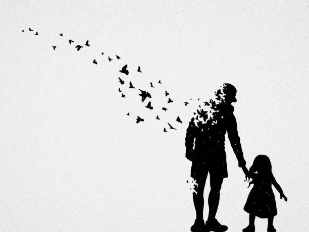 Father and daughter silhouette Death and afterlife. Flying birds dead stock illustrations