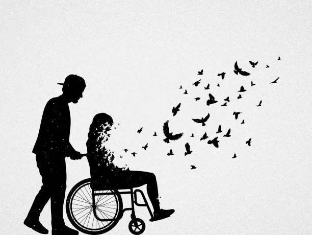 Disabled woman in wheelchair Loving couple outline. Death, afterlife dead bird stock illustrations