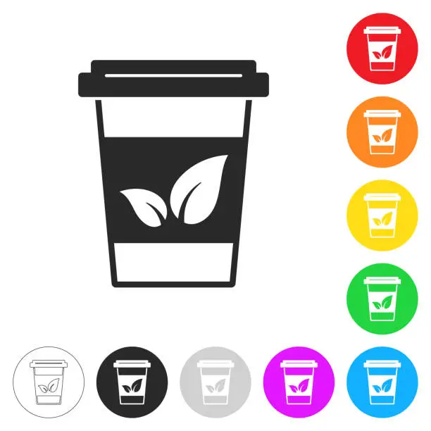 Vector illustration of Disposable cup of tea. Flat icons on buttons in different colors