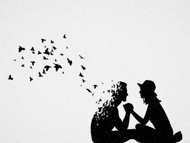 Silhouette of lovers and flying birds Conceptual vector illustration about loss of loved one, loneliness and death. Sad mystical background for design, prints, covers, t-shirts dead bird stock illustrations
