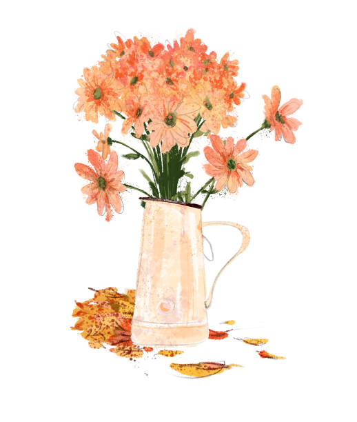 Artistic Hand Drawn Watercolor Illustration Of Autumn Flowers In Vase Stand  On Fallen Leaves Isolated For Cards Posters Prints Web Design Stock  Illustration - Download Image Now - iStock