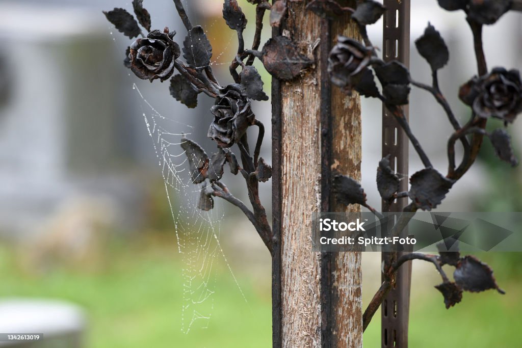 Central Cemetery Vienna A spider web on an old cross in the Central Cemetery in Vienna, Austria, Europe Cemetery Stock Photo