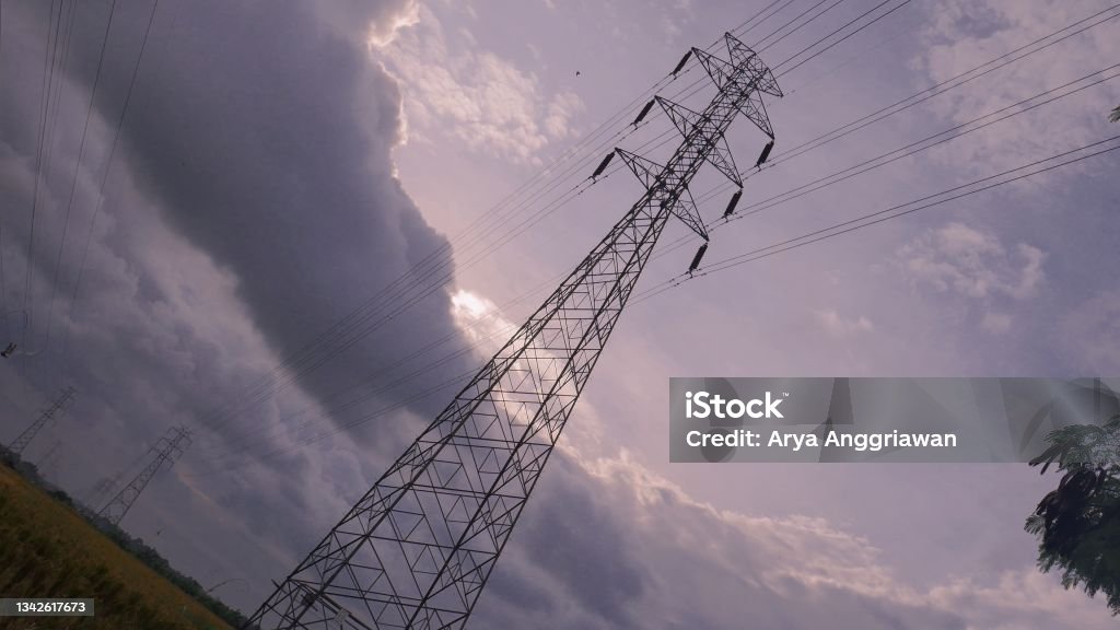 Badung, Bali, September 23, 2021. electric tower electric tower that connects between regions Blue Stock Photo