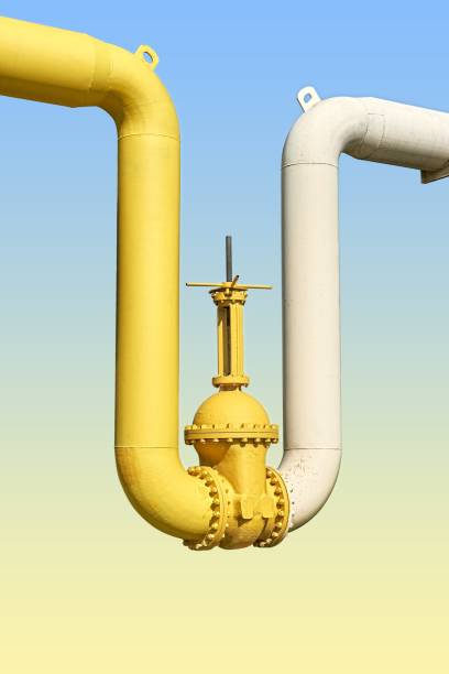 istock Large water shutoff valve with flanges and lever on blue yellow gradient background 1342618590
