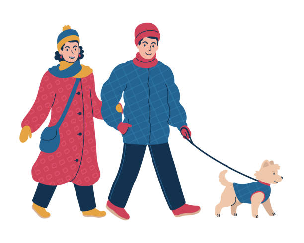 istock Couple walking a dog on a leash during the winter time. Isolated vector illustration. 1342621866