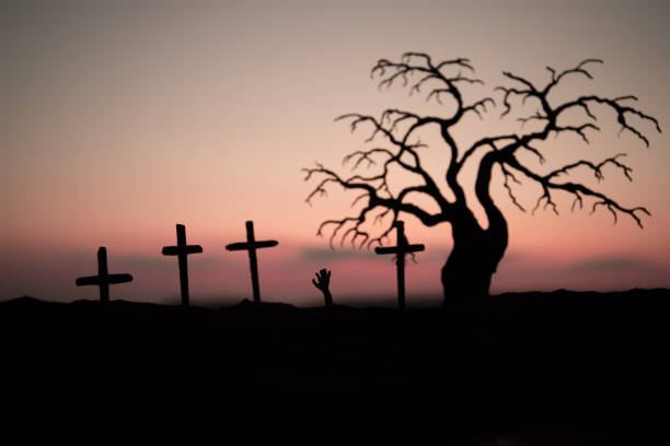istock Silhouette some zombies on the cemetery walking around at sunset. Selective focus 1342623236