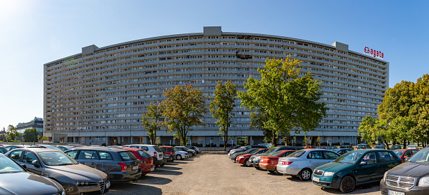 Katowice, Poland - September 11, 2021: A panorama picture of the Superjednostka, a famous socialist modernism building in Katowice.