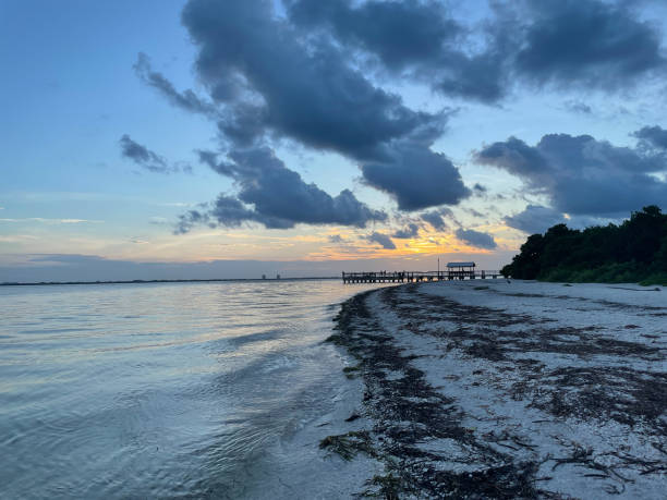 People fishing on a pier in Sanibel Island, Florida at sunrise. stock photo