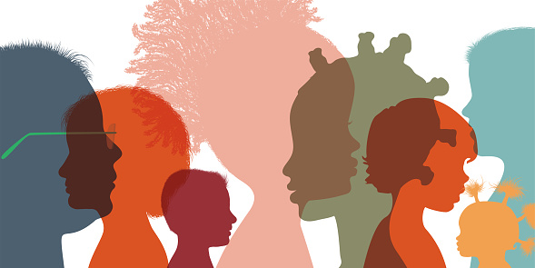 Heads faces colored silhouettes multicultural and multiethnic diversity children in profile. Kindergarten or elementary school education. Concept of study education and learning. Friends