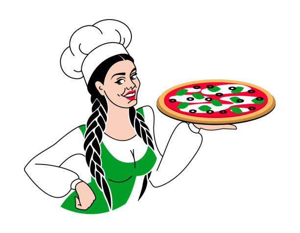 ilustrações, clipart, desenhos animados e ícones de jovem linda chef se oferecer para provar pizza. para pizzarias, restaurantes, café, cardápio, entrega. mulher cozinhar preparando prato italiano tradicional. - women meat working tray