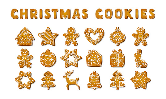 Christmas gingerbread cookies. Festive biscuits in shape of house and gingerbread man, tree and reindeer, star and snowflake, bell and heart, gift and rabbit shapes. Cartoon Vector illustration.
