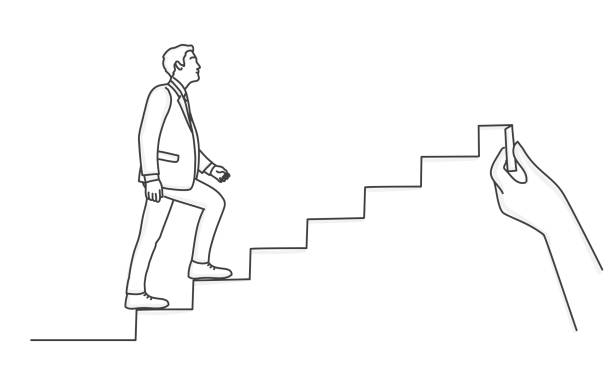 Businessman climbs the career ladder. Businessman climbs the career ladder. Human hand draws a ladder. Business concept. Hand drawn vector illustration. Black and white. steps and staircases stock illustrations