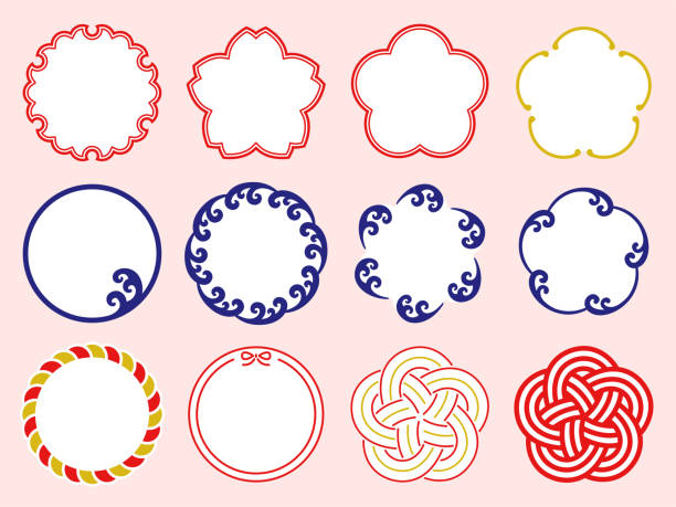 набор круглых рамок в японском стиле - circle natural phenomenon water snow stock illustrations