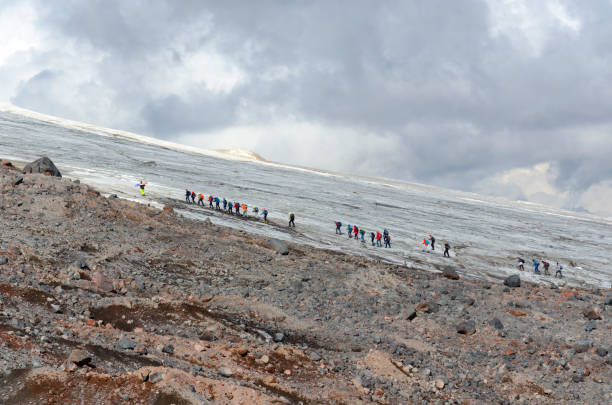 group of climbers on the conquest of Elbrus stock photo