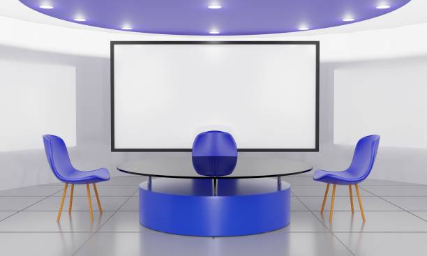 istock white table on stand with blue light background in a news studio room.3d rendering. 1342629471