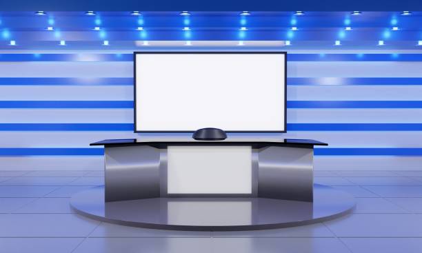 istock white table on stand with blue light background in a news studio room.3d rendering. 1342629500